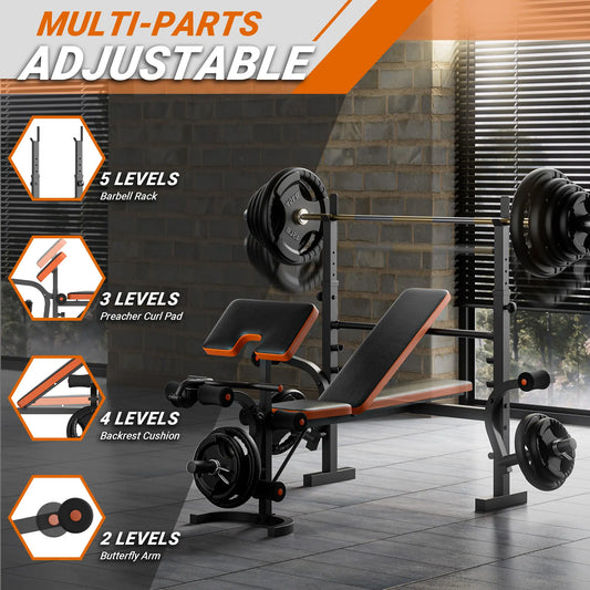 Bearbro 660Lb 6-In-1 Adjustable Weight Bench with Multi-Purpose Workout Bench Set with Barbel Rack and Leg Developer for Home Gym Full Body Function Strength Training,Barbell Rack Can Support up to 990 Pounds