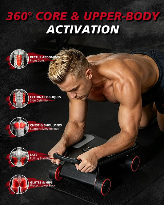 Ab Roller Wheel, Ab Roller, Upgraded Automatic Rebound Ab Roller with Elbow Support, Knee Mat & Timer, 4 Wheels Ab Workout Equipment for Core Strength Training, Silent Ab Wheel for Beginners Men Women Home Gym Fitness