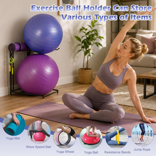 Exercise Ball Holder Stability Ball Rack with Hooks Space-Saving Medicine Ball Rack Garage Stability Ball Organizer Stand Home Gym Organizer and Storage Rack for Resistance Bands and Equipment
