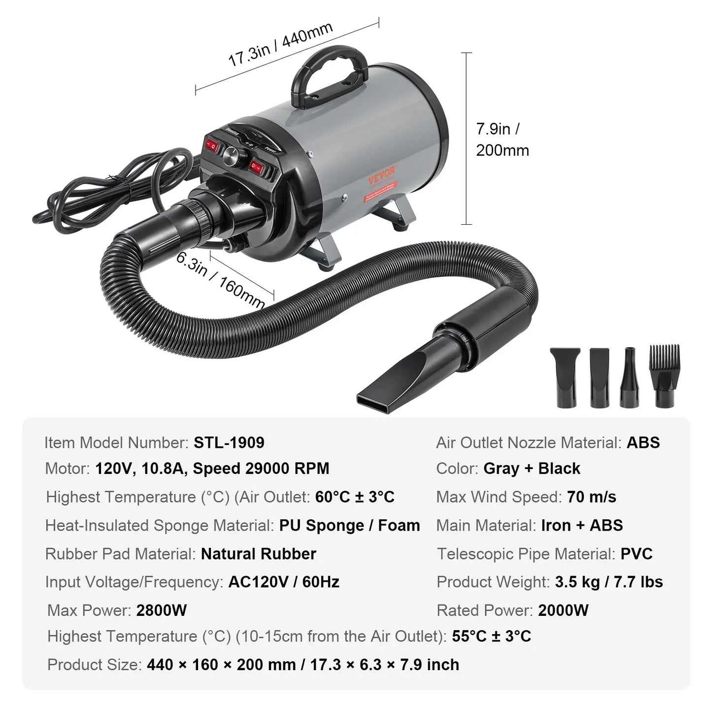 【Fathersdaygift】Vevor Dog Dryer2000W/2.7Hp Dog Blow Dryerpet Grooming Dryer with Adjustable Speed and Temperature Controlpet Hair Dryer with 4 Nozzles and Extendable Hoseblack