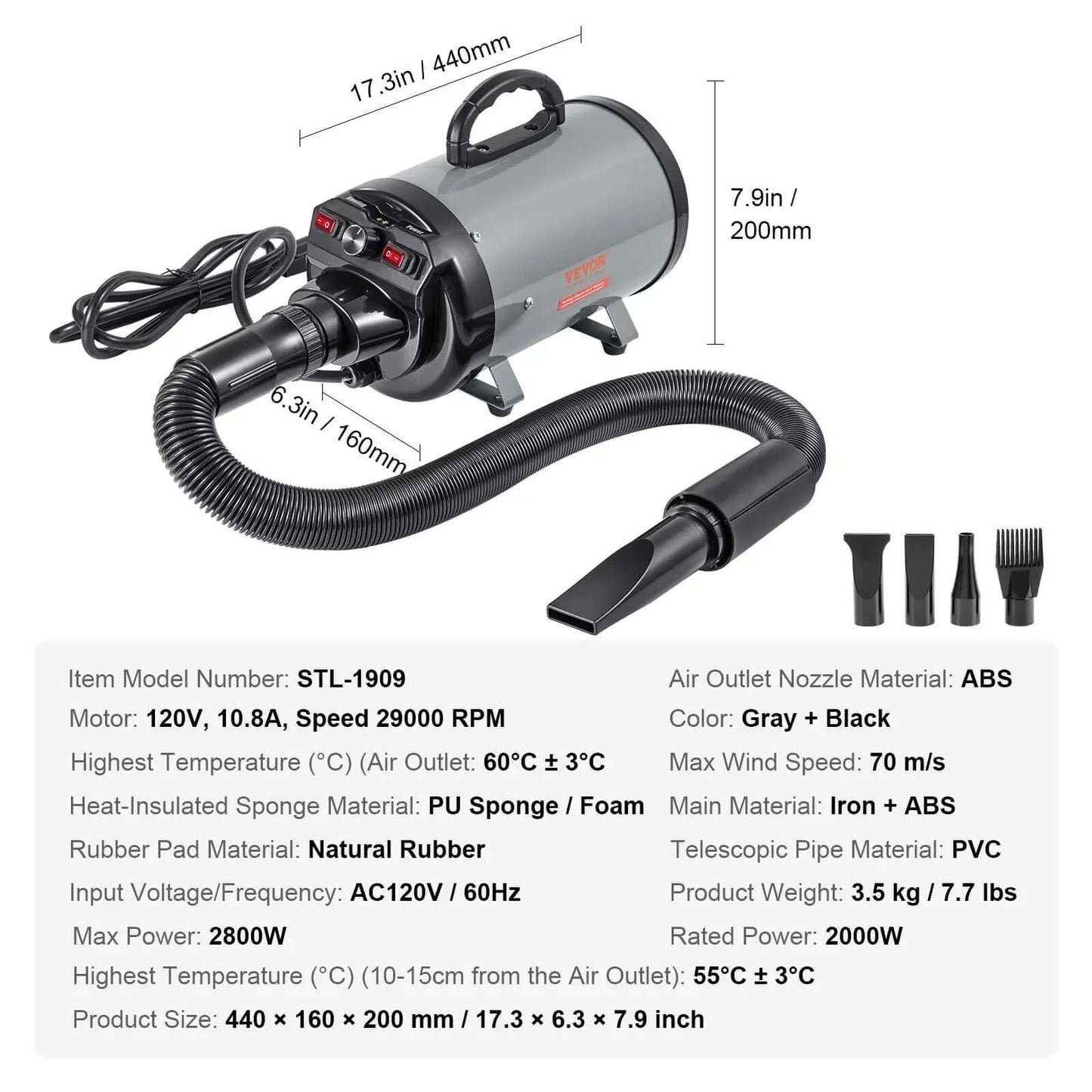 【Fathersdaygift】Vevor Dog Dryer2000W/2.7Hp Dog Blow Dryerpet Grooming Dryer with Adjustable Speed and Temperature Controlpet Hair Dryer with 4 Nozzles and Extendable Hoseblack