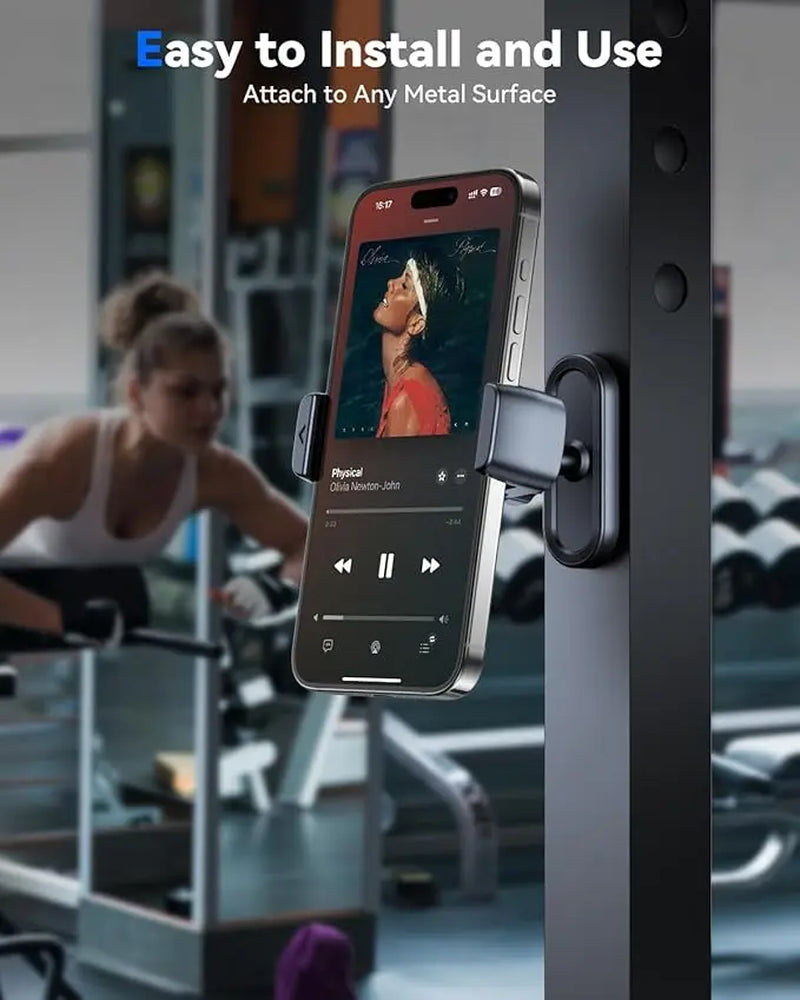 360 Adjustable, Portable Magnet Phone Holder for Gym Workout Record, Gym Accessories Essentials Fitness Gifts for Women Men, Compatible with Iphone 16/15/14/13/12