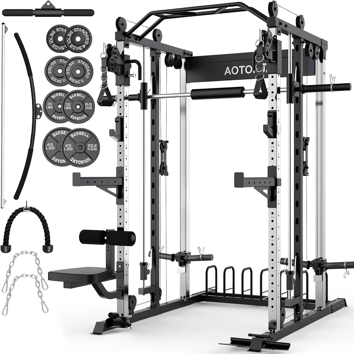 Sturdy Heavy-Duty Steel Smith Machine Power Cage - Adjustable Multifunctional Home Gym Station with LAT Pulldown System, Cable Crossover, Multifunctional Squat Rack, Squat Workout Machine, Strength Training Accessory for Full-Body Training, Workout Equipm