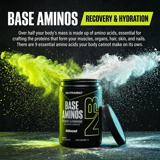 Base Aminos EAA + BCAA Powder –10G Essential Amino Acids Supplement, 6G 2:1:1 Bcaas, 2.8G Hydration Matrix with Electrolytes & Absorption Enhancer Astragin® – 30 Servings- Unflavored
