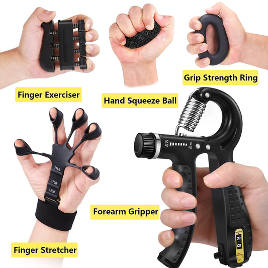Grip Strength Trainer Kit 5 - Adjustable Hand Grip Strengthener (11-132 Lbs) and Finger Stretcher, Finger Exerciser, Forearm Workout Ring, Stress Ball, Gifts for Muscle Building & Injury Recovery Athletes & Musicians Forearm Strengthener Veins, Grip Stre