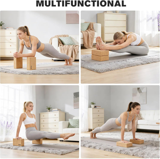 2 Pack Cork Yoga Blocks | Natural Eco-Friendly High Density Non-Slip Yoga Blocks for Women & Men | 9X6X3 Inches for Yoga, Pilates, Stretching
