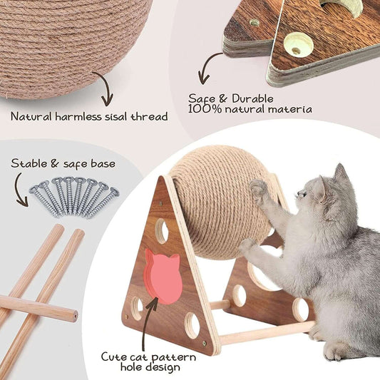 Cat Scratcher Toy,Natural Sisal Rope Cat Scratching Ball Scratcher Toy with Ball for Cats& Kittens&Dogs&Puppy, Interactive Solid Wood Scratcher Pet Toy (Small)
