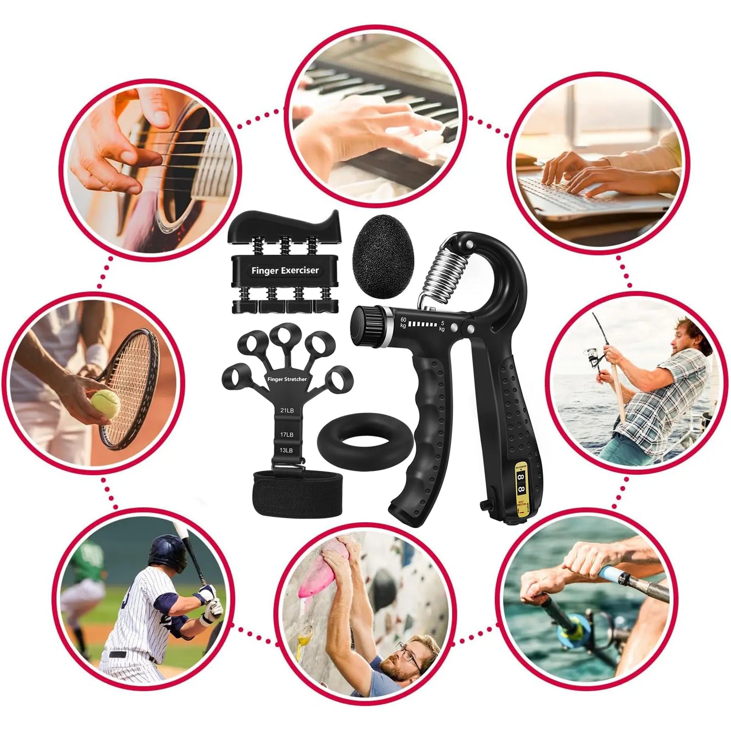 Grip Strength Trainer Kit 5 - Adjustable Hand Grip Strengthener (11-132 Lbs) and Finger Stretcher, Finger Exerciser, Forearm Workout Ring, Stress Ball, Gifts for Muscle Building & Injury Recovery Athletes & Musicians Forearm Strengthener Veins, Grip Stre