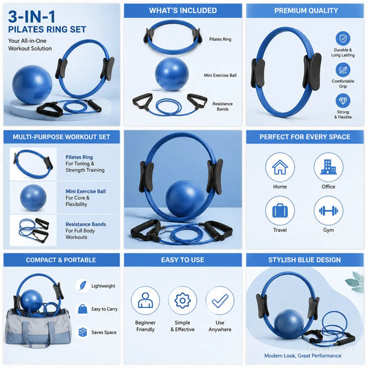 Women'S 3-In-1 Portable Pilates Ring Set - Includes Mini Ball, Durable Stretching Band - Home Yoga & Pilates Workout Sports Equipment, Yoga Accessories, Portable Pilates Equipment
