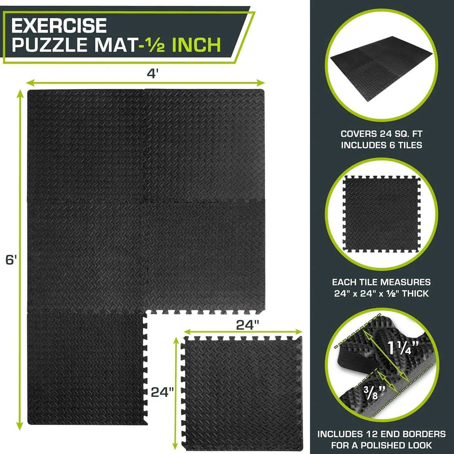 Foam Floor Tiles for Home Gym, Mat for Home Workout Equipment, Floor Padding for Kids, Black