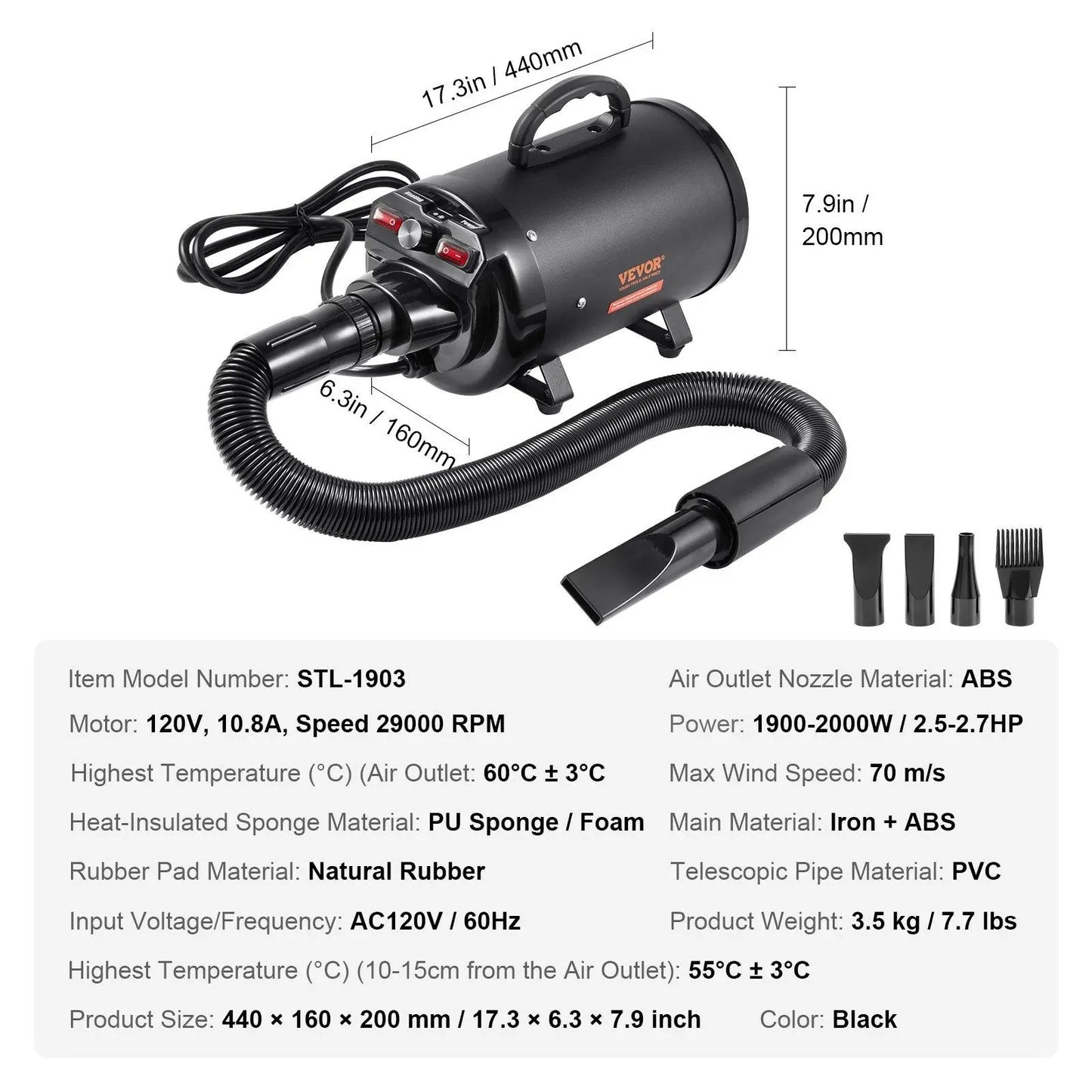 【Fathersdaygift】Vevor Dog Dryer2000W/2.7Hp Dog Blow Dryerpet Grooming Dryer with Adjustable Speed and Temperature Controlpet Hair Dryer with 4 Nozzles and Extendable Hoseblack