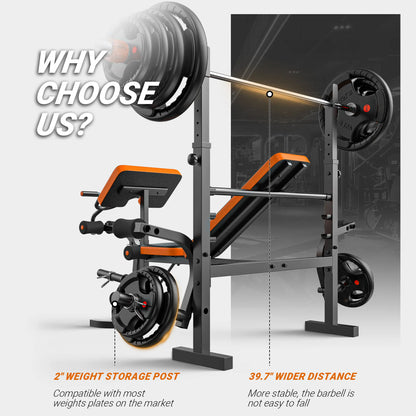 Bearbro 660Lb 6-In-1 Adjustable Weight Bench with Multi-Purpose Workout Bench Set with Barbel Rack and Leg Developer for Home Gym Full Body Function Strength Training，Barbell Rack Can Support up to 990 Pounds