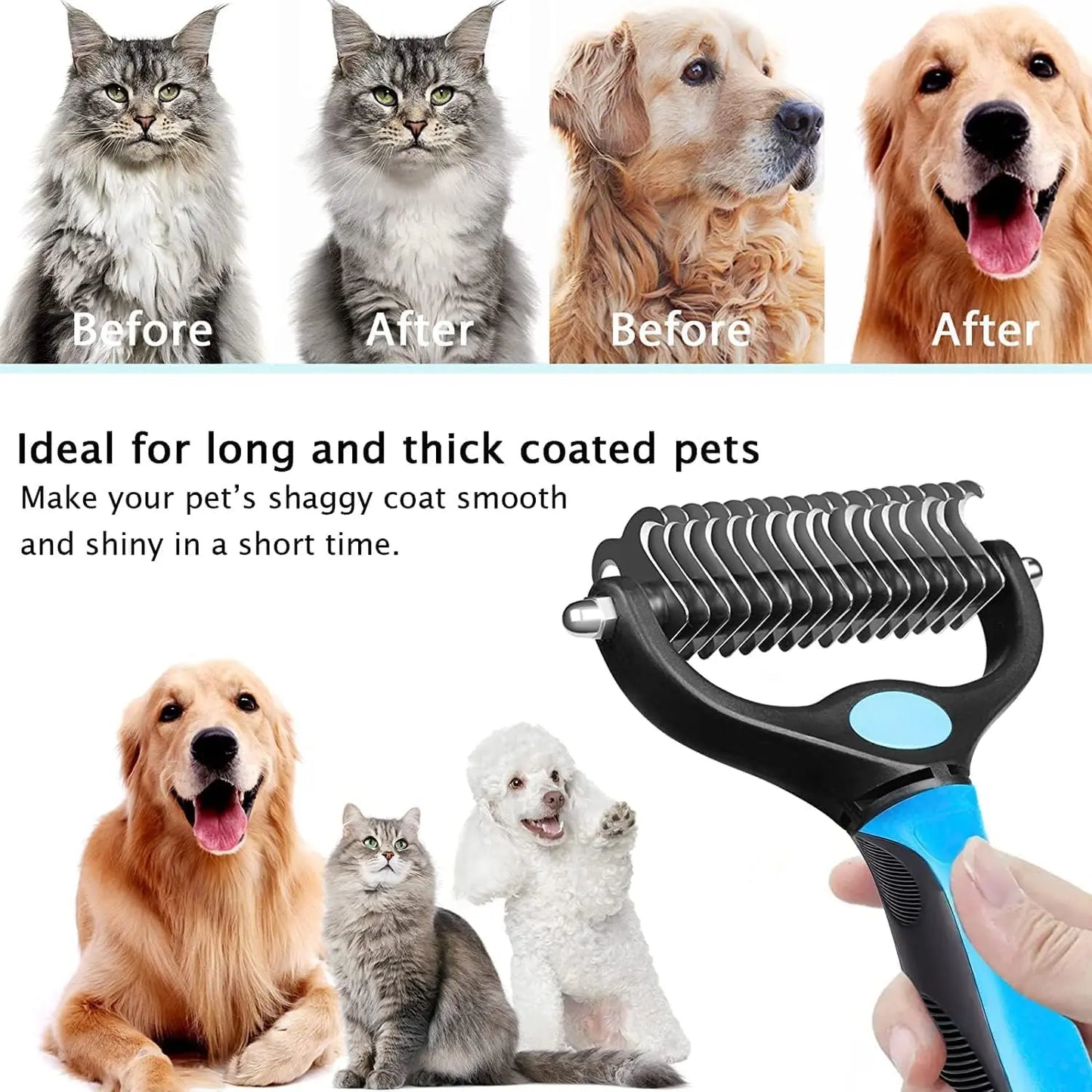 Pet Grooming Brush, Double-Sided Shedding and Deshedding Bottom Rake for Dogs and Cats, Extra-Wide Dog Grooming Brush, Pet Grooming Tool, Self Grooming Brush, Christmas Pet Supplies Gift