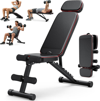 Workout Bench, 10 Backrests Adjustable Weight Bench with Extended Headrest, 800LBS Foldable Weight Bench for Home Gym, Incline Decline Flat Bench Compact for Small Space Training