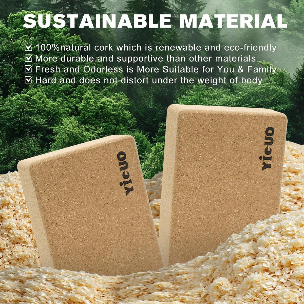 2 Pack Cork Yoga Blocks | Natural Eco-Friendly High Density Non-Slip Yoga Blocks for Women & Men | 9X6X3 Inches for Yoga, Pilates, Stretching