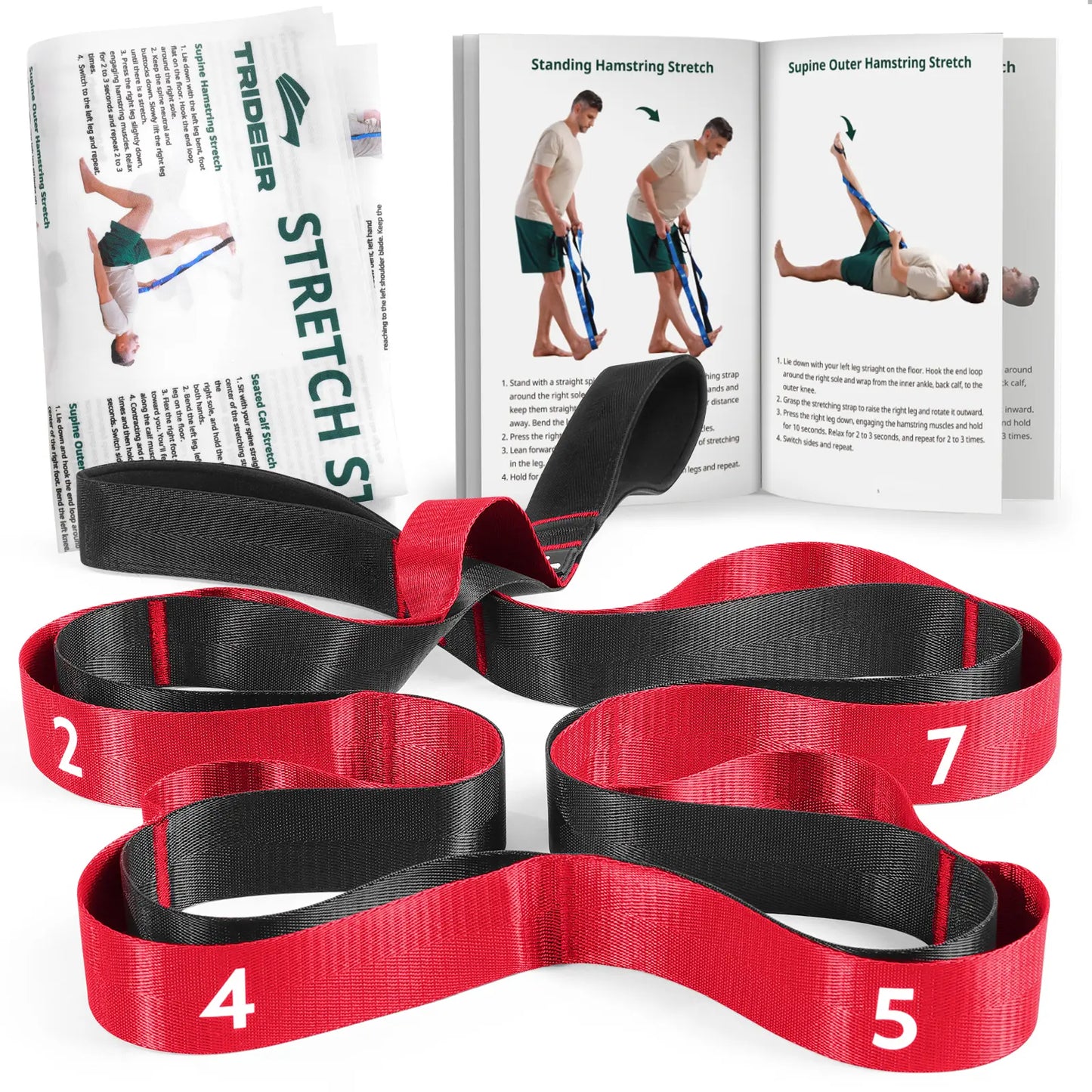 Trideer Stretching Strap for Physical Therapy, Non-Elastic Yoga Strap with 10 Loops, Durable Nylon Stretch Bands for Rehabilitation, Exercise, Pilates, Leg Stretcher with Training Manual and Poster
