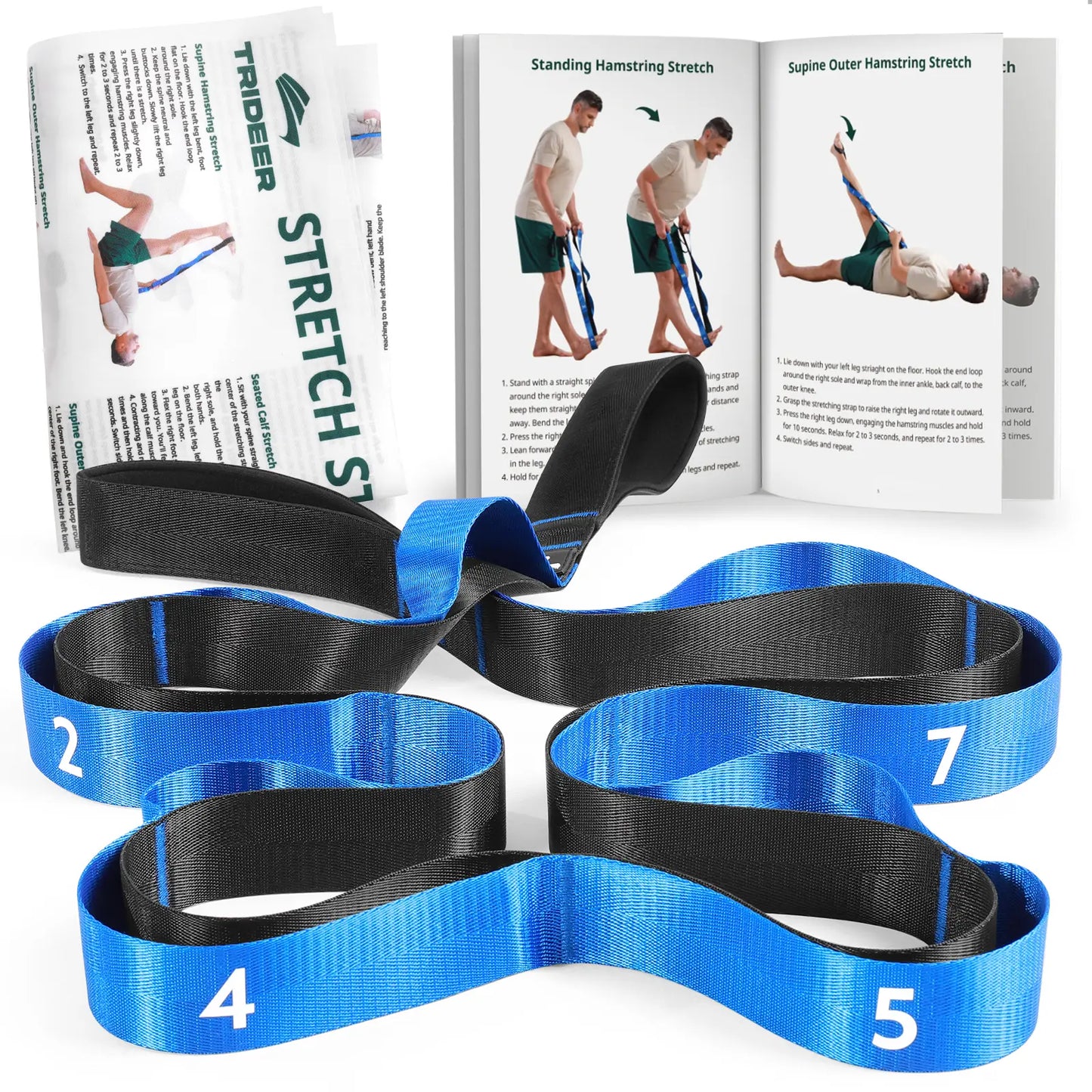 Trideer Stretching Strap for Physical Therapy, Non-Elastic Yoga Strap with 10 Loops, Durable Nylon Stretch Bands for Rehabilitation, Exercise, Pilates, Leg Stretcher with Training Manual and Poster