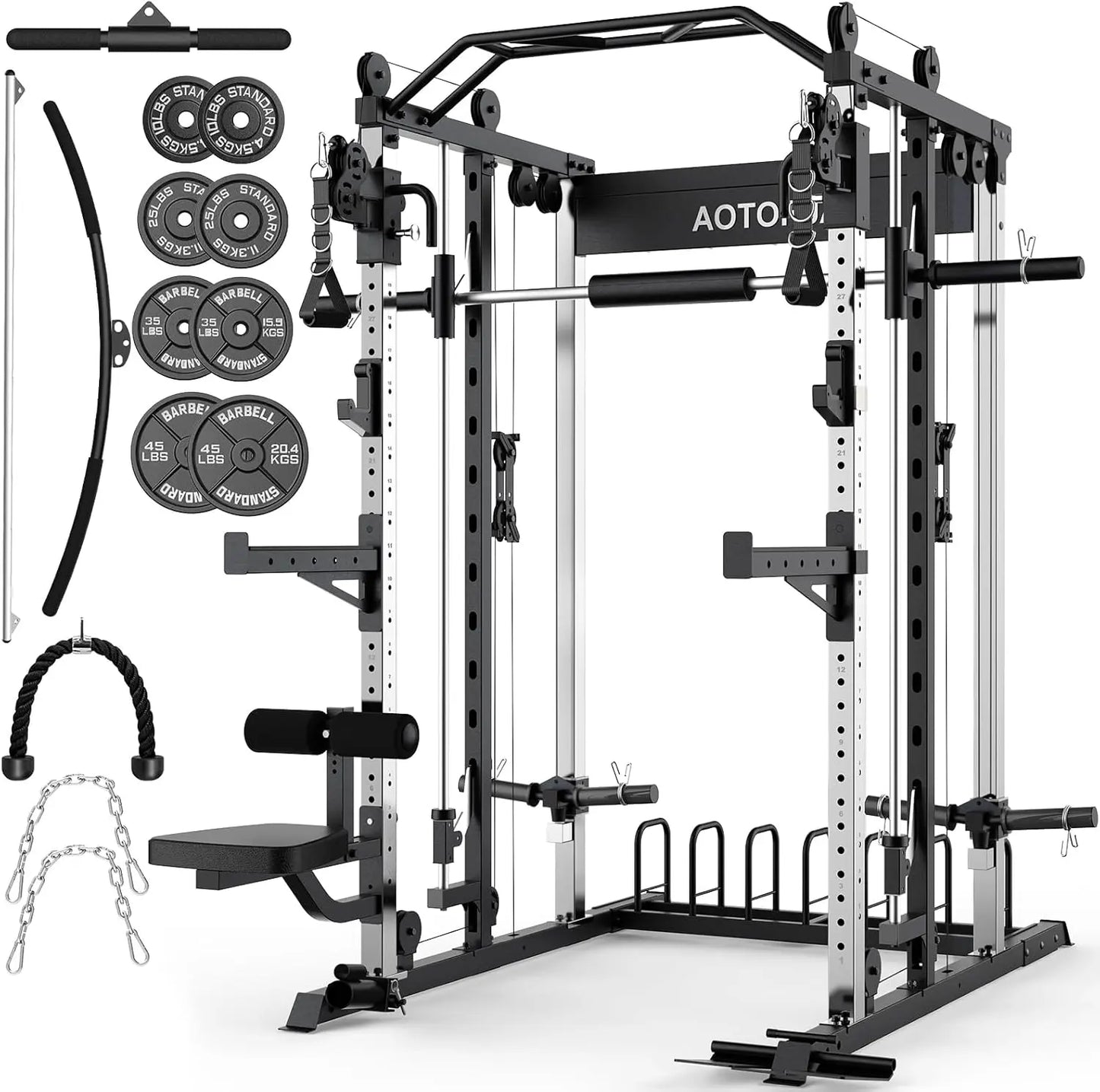 Sturdy Heavy-Duty Steel Smith Machine Power Cage - Adjustable Multifunctional Home Gym Station with LAT Pulldown System, Cable Crossover, Multifunctional Squat Rack, Squat Workout Machine, Strength Training Accessory for Full-Body Training, Workout Equipm