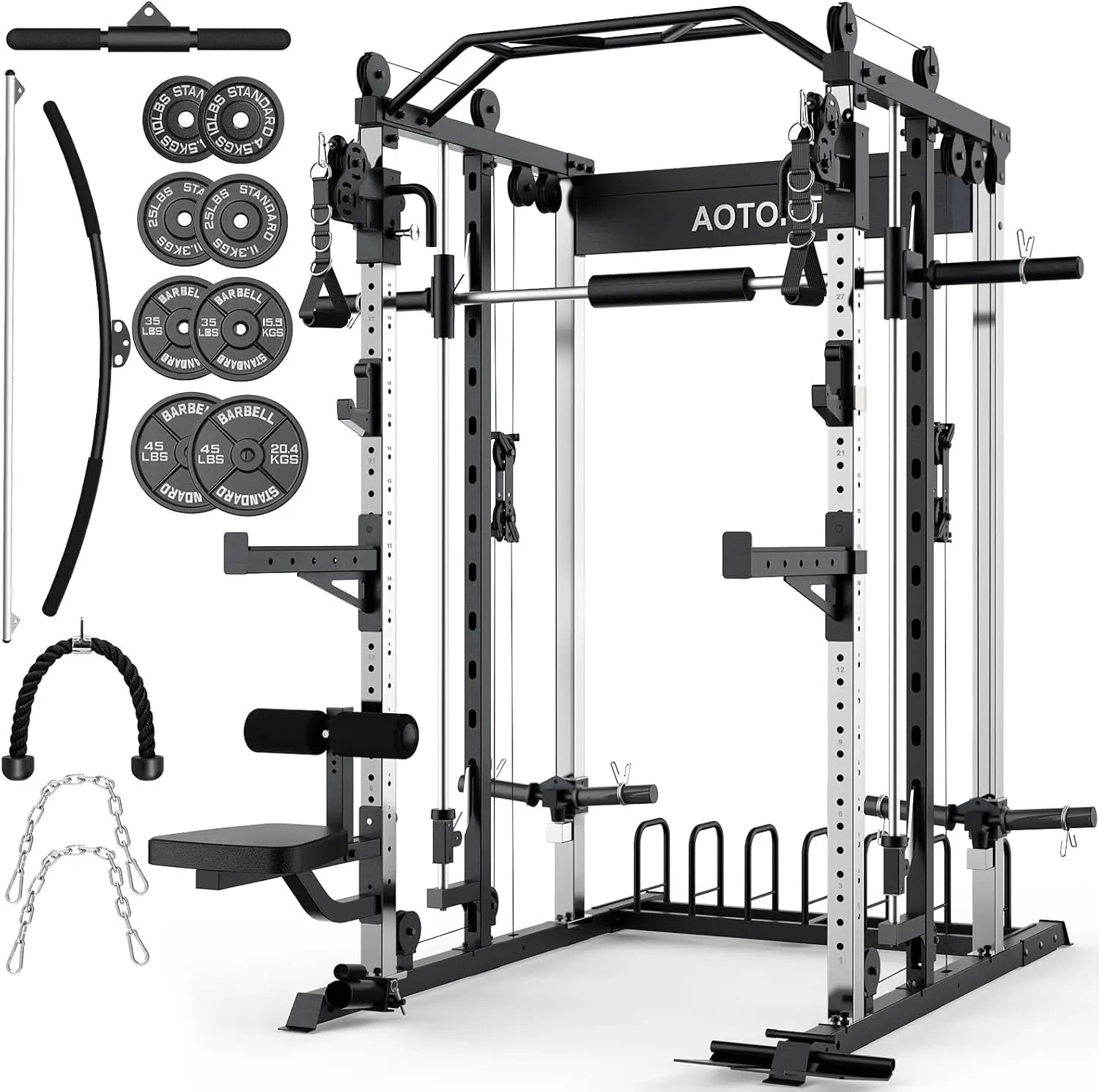 Sturdy Heavy-Duty Steel Smith Machine Power Cage - Adjustable Multifunctional Home Gym Station with LAT Pulldown System, Cable Crossover, Multifunctional Squat Rack, Squat Workout Machine, Strength Training Accessory for Full-Body Training, Workout Equipm