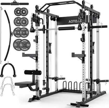 Sturdy Heavy-Duty Steel Smith Machine Power Cage - Adjustable Multifunctional Home Gym Station with LAT Pulldown System, Cable Crossover, Multifunctional Squat Rack, Squat Workout Machine, Strength Training Accessory for Full-Body Training, Workout Equipm