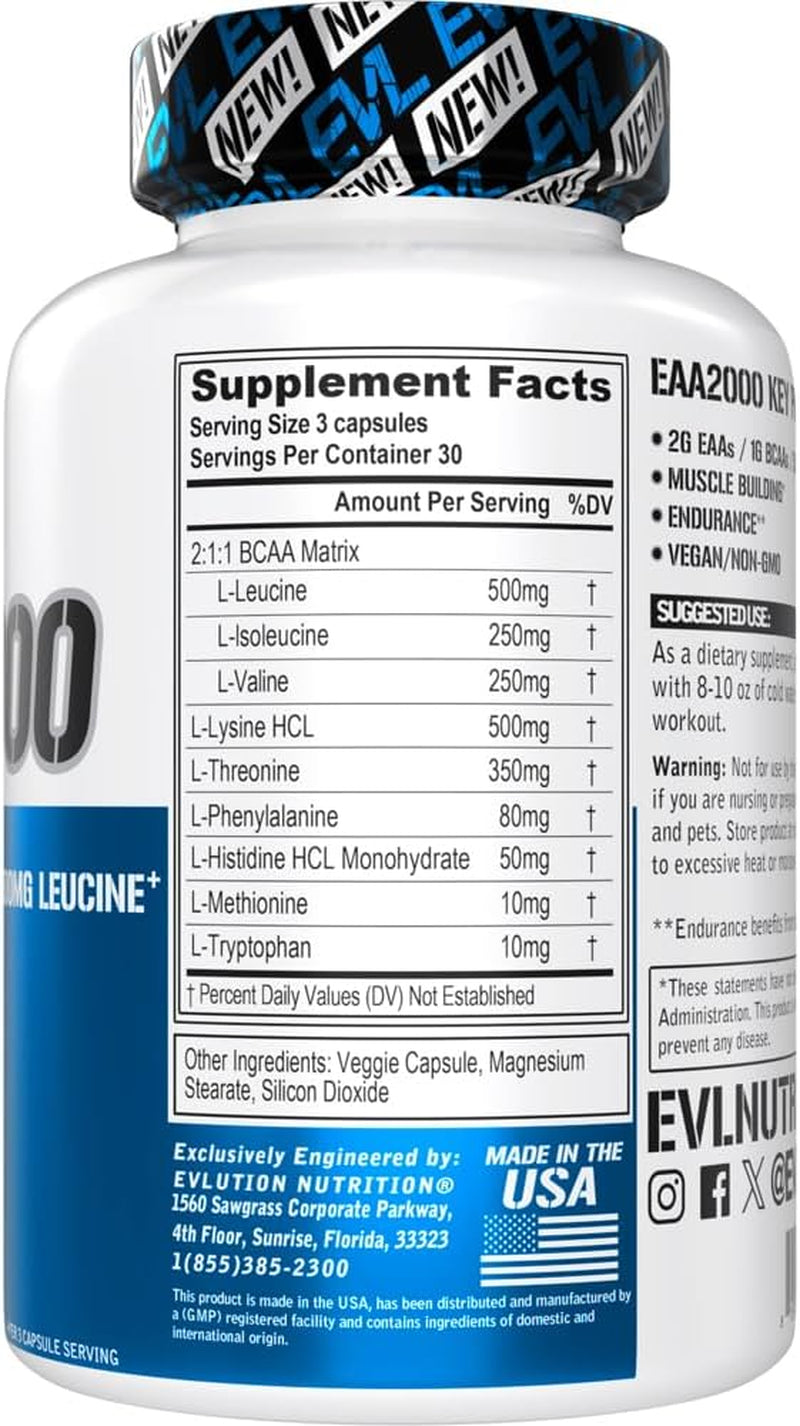 EVL EAA2000 - Essential Amino Acids Capsules - 30 Servings | EAA Supplement for Pre & Post Workout Muscle Building Endurance and Recovery Support with 2G per Serving + 1G Bcaas
