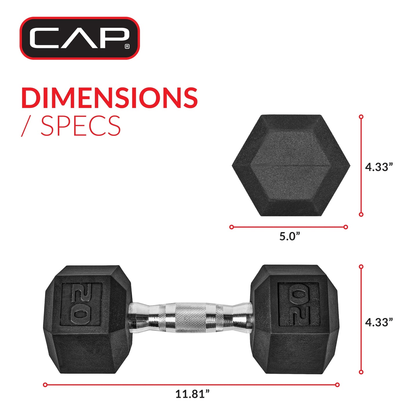 (2 Pack) CAP Barbell, 20Lb Rubber Hex Dumbbell, Single