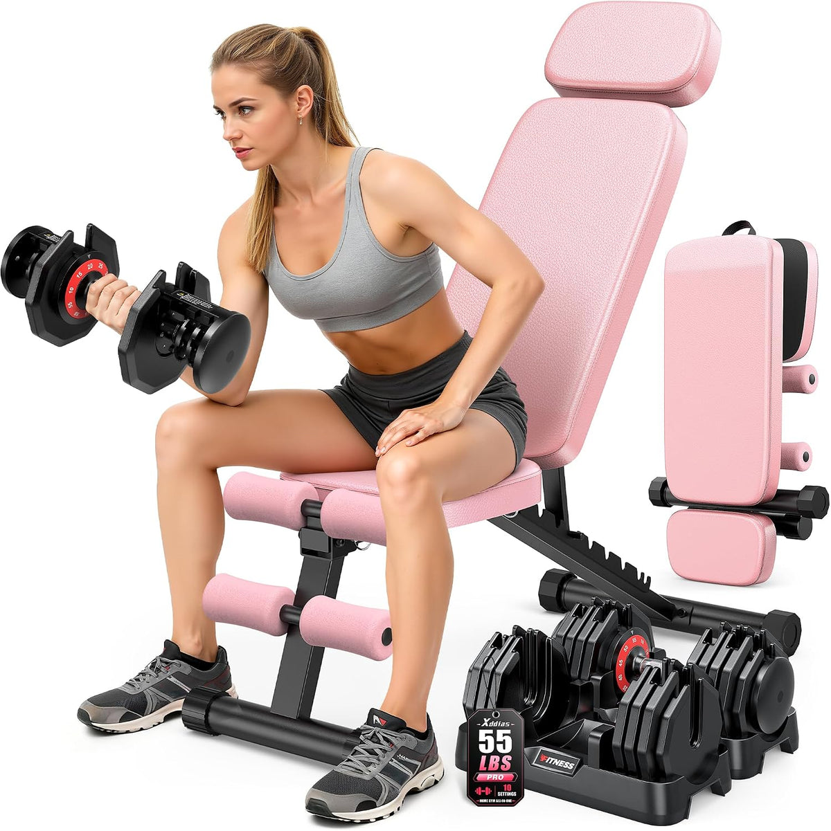 Workout Bench, 10 Backrests Adjustable Weight Bench with Extended Headrest, 800LBS Foldable Weight Bench for Home Gym, Incline Decline Flat Bench Compact for Small Space Training