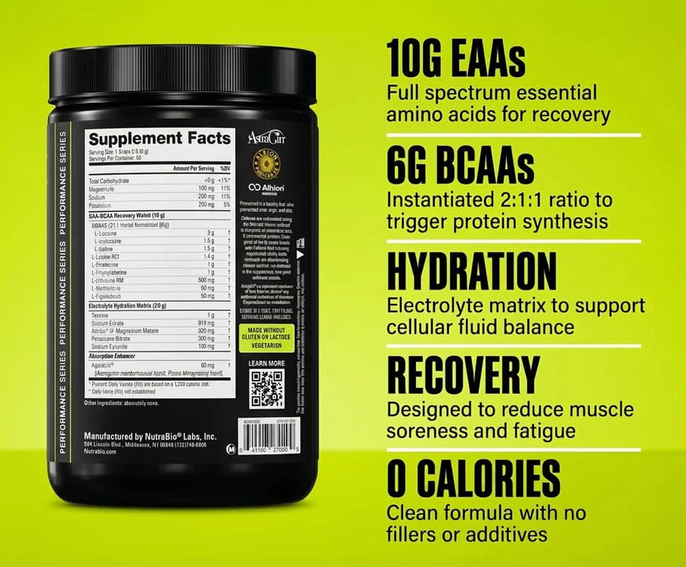 Base Aminos EAA + BCAA Powder –10G Essential Amino Acids Supplement, 6G 2:1:1 Bcaas, 2.8G Hydration Matrix with Electrolytes & Absorption Enhancer Astragin® – 30 Servings- Unflavored