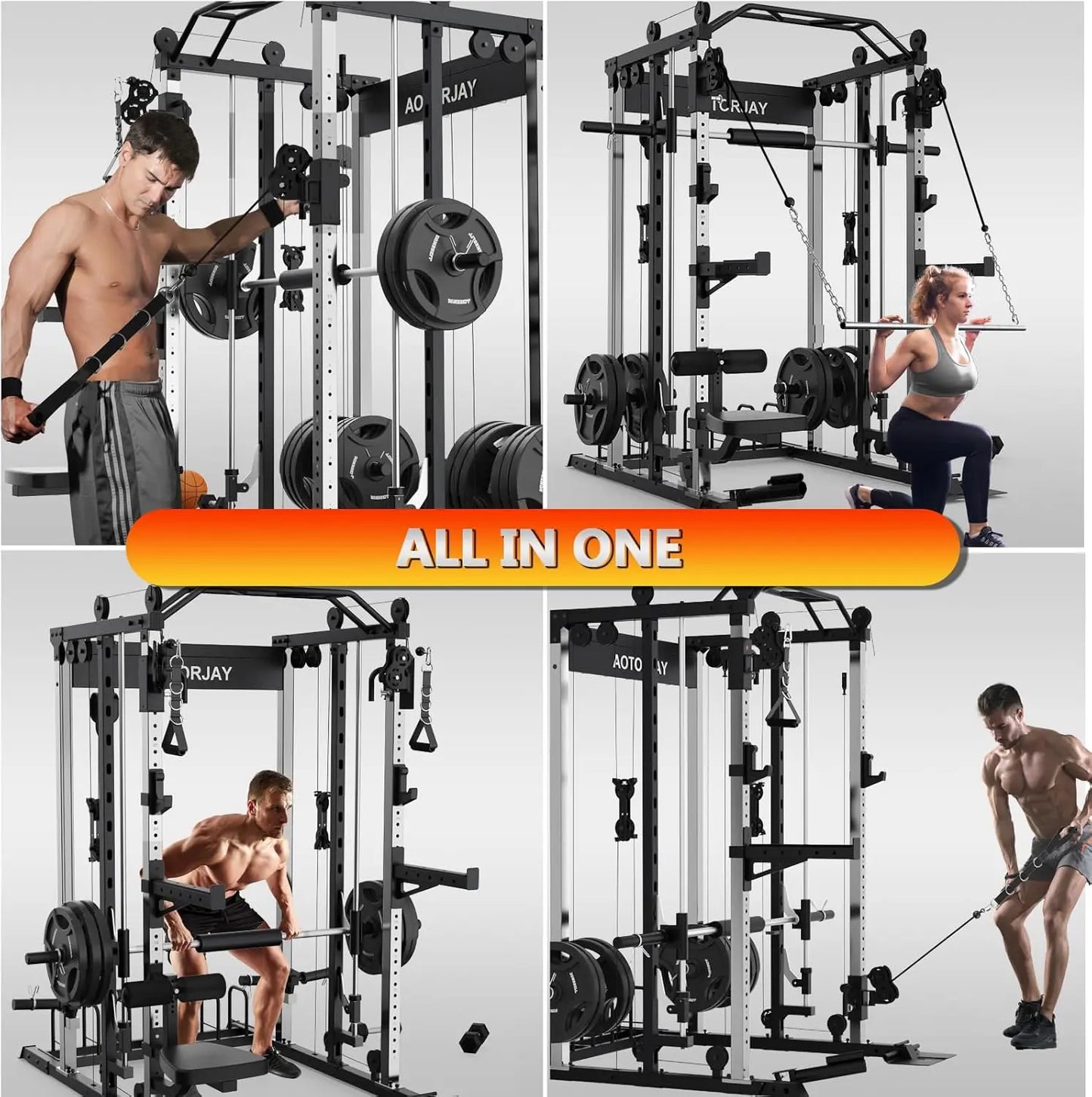 Sturdy Heavy-Duty Steel Smith Machine Power Cage - Adjustable Multifunctional Home Gym Station with LAT Pulldown System, Cable Crossover, Multifunctional Squat Rack, Squat Workout Machine, Strength Training Accessory for Full-Body Training, Workout Equipm