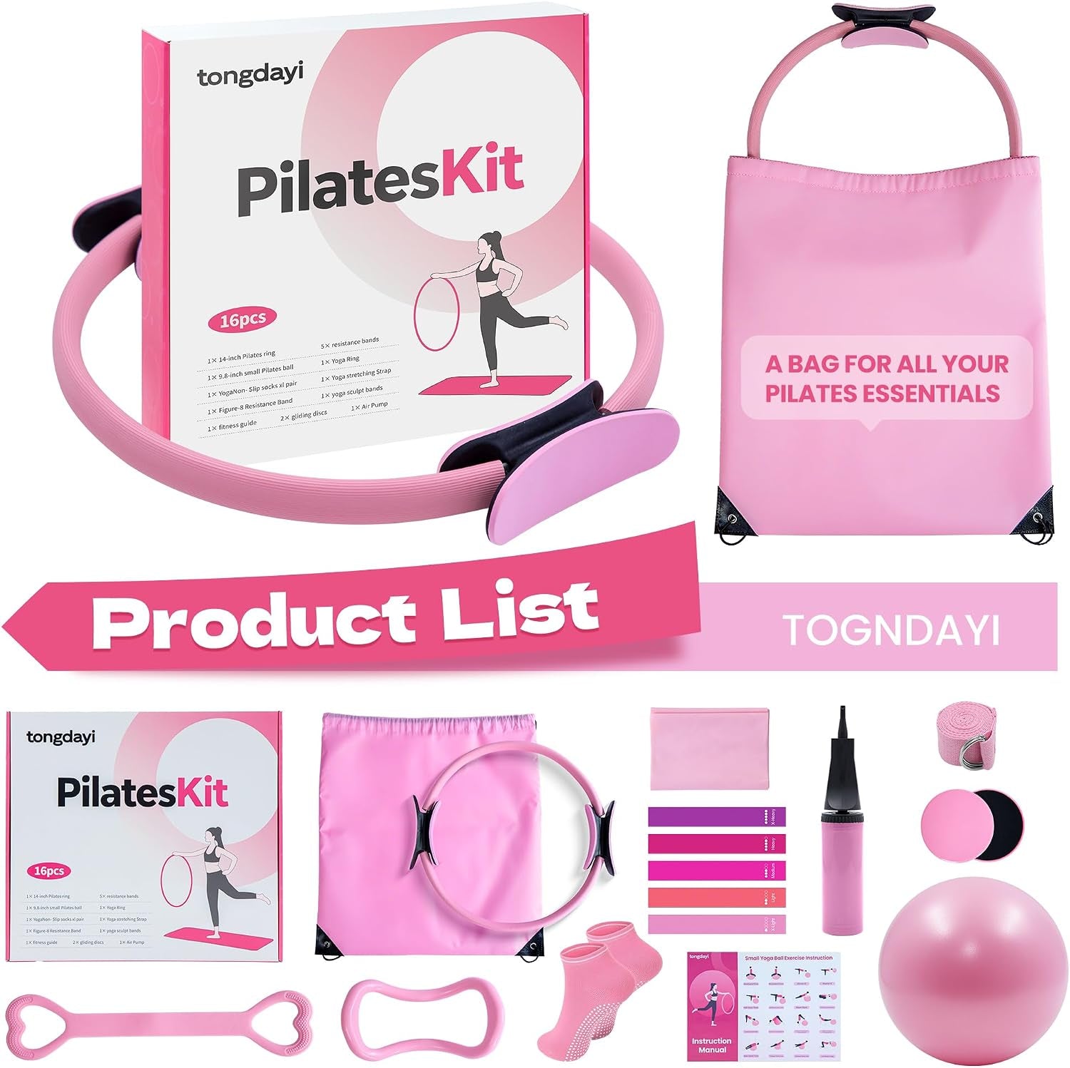 16Pcs Home Pilates Equipment for Women, Pilates Kit with 14'' Pilates Rings, Yoga Ball, Sliding Disks, Pilates Bands & Accessories - Workout Equipment Home Gym Includes Complete Fitness Poster