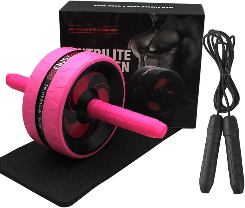 Ab Roller Wheel for Abs Workout - Complete Home Gym Set with AB Wheel Roller, Knee Mat, and Jump Rope (Pink)