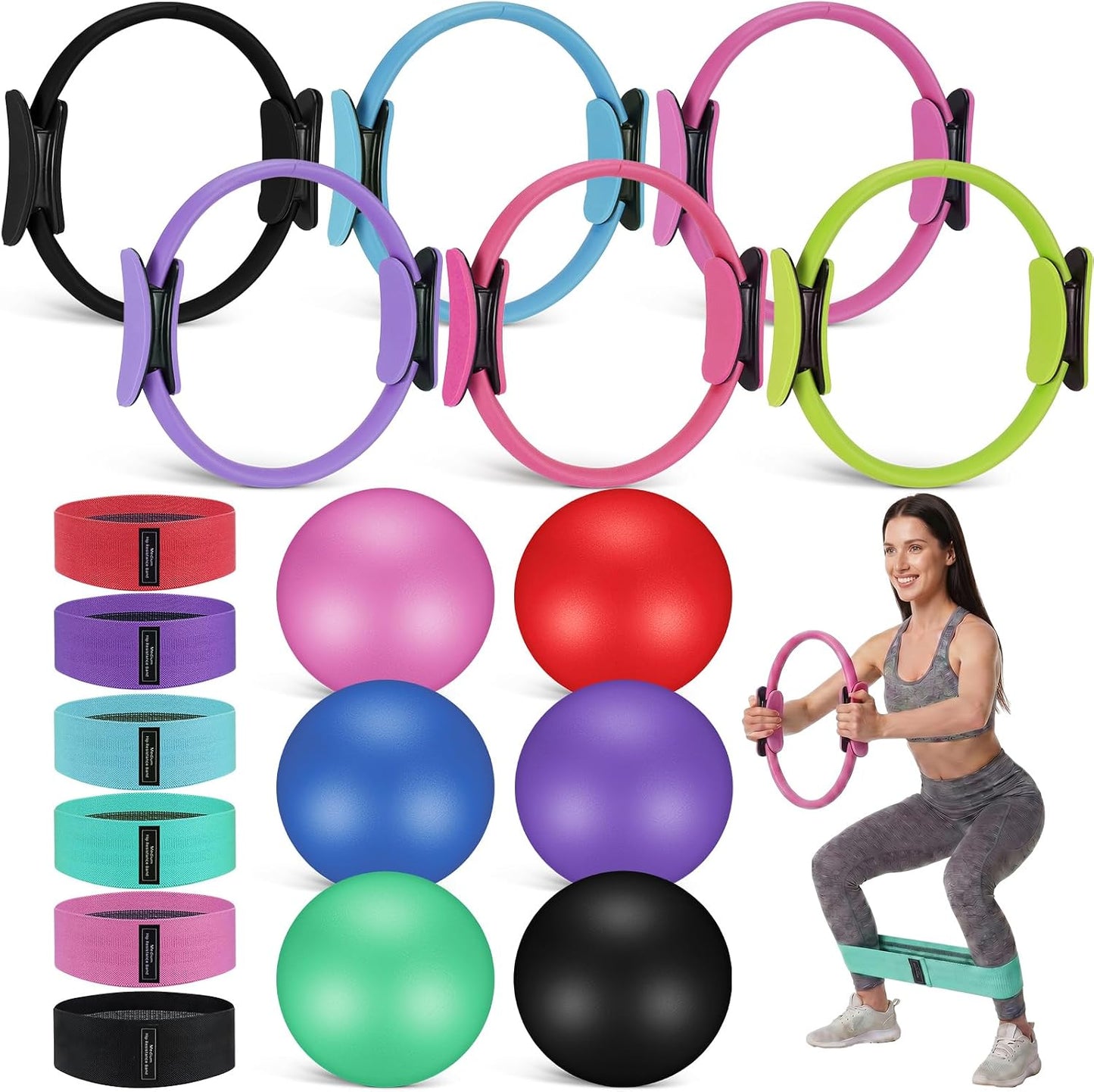 18 Pcs Pilates Ring and Ball Set with Resistance Bands Home Workout Pilates Equipment 11.8 Inch Magic Circle with Padded Handles, Mini Ball for Strength, Toning and Flexibility