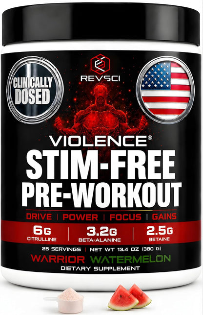 VIOLENCE Stim Free Pre Workout Powder by REVSCI, Precision Dosed Non Stim Preworkout Pump Pre Workout Caffeine Free Pre Workout Powder, Pump Supplement & Stimulant Free Nitric, Watermelon, 25 Servings