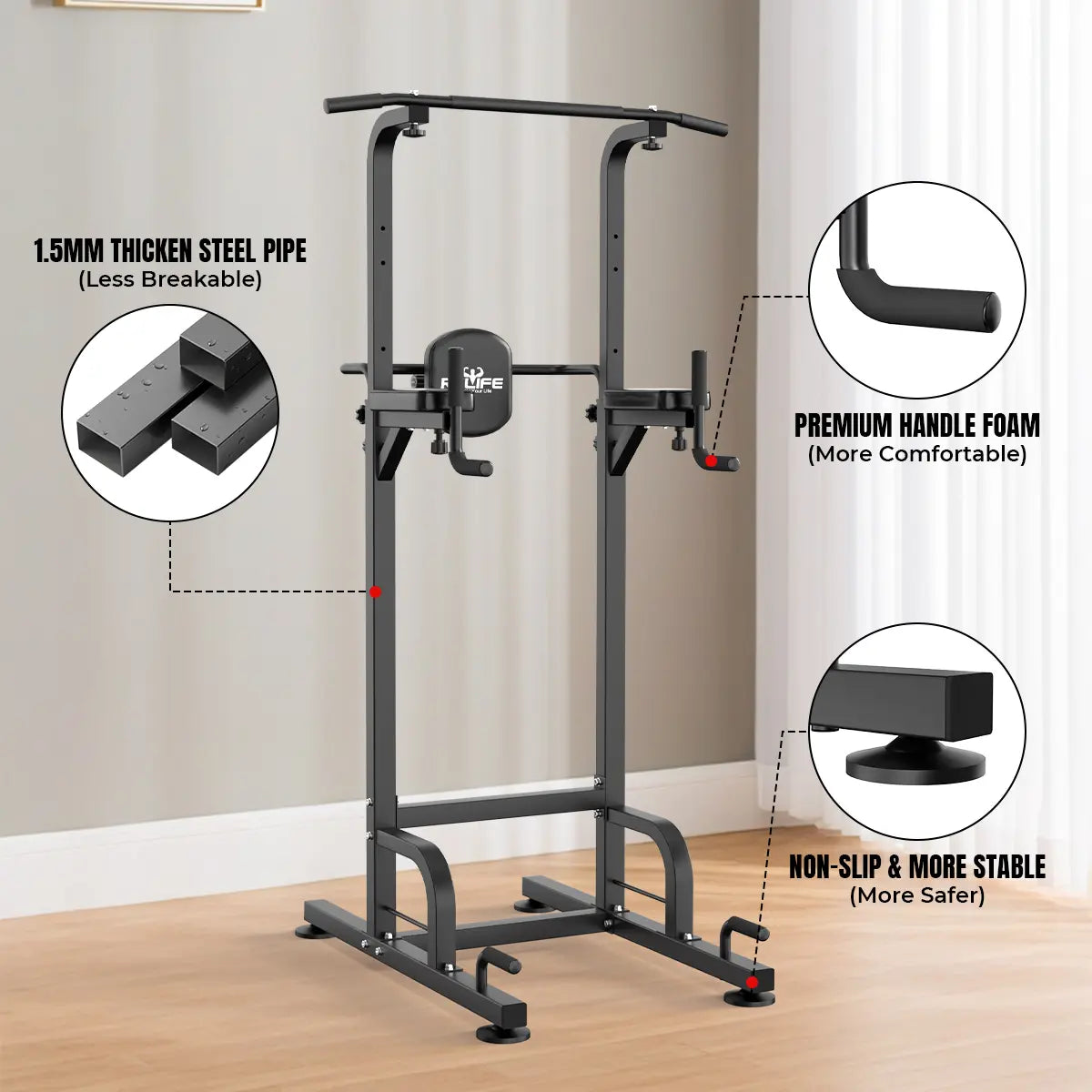 Relifesports 450LBS Power Tower Multi-Function Dip Station, Pull-Up Station & Push-Up Station Adjustable Workout Equipment for Home Full Body Training