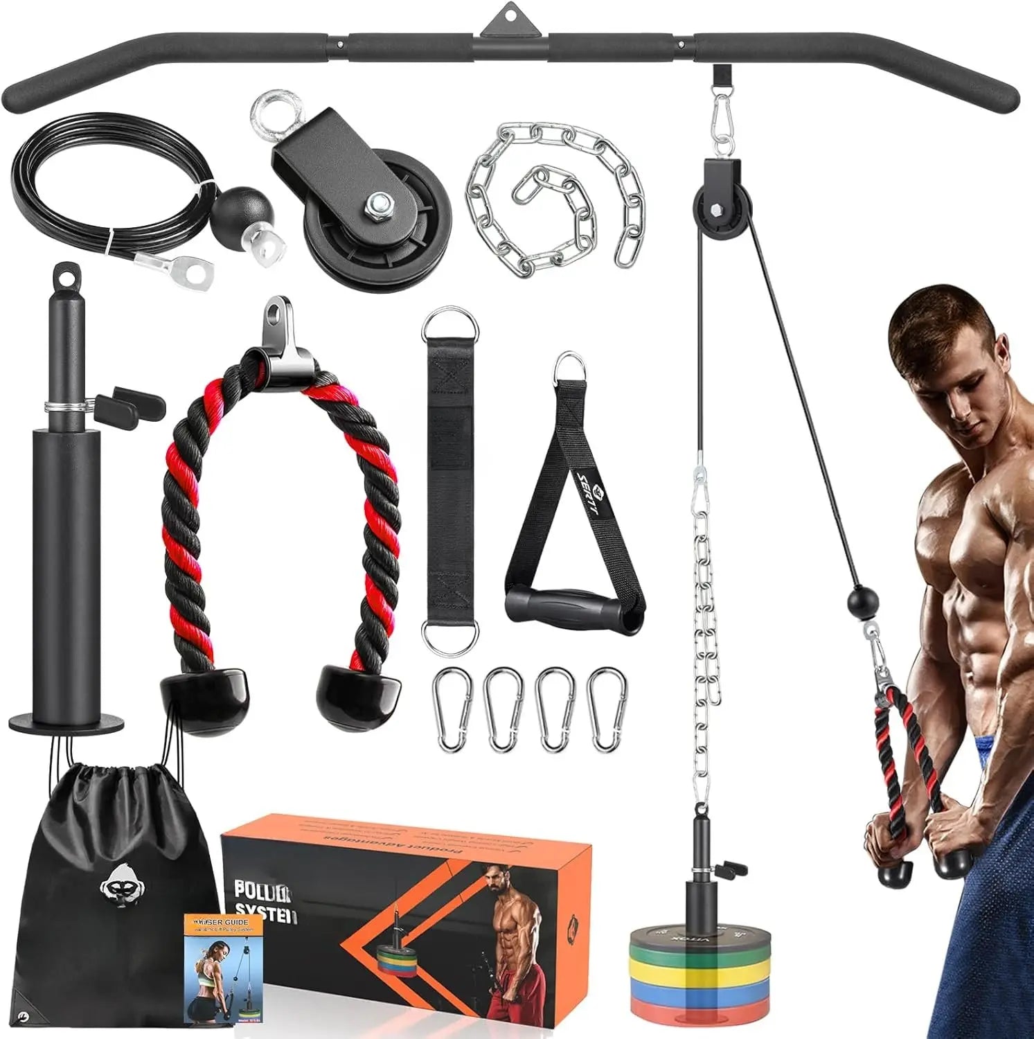 Pulley System Gym, Power Rack Pulley Attachment with 2-In-1 LAT Pull down Bar and Upgraded Loading Pin, for Triceps Pulldown, Biceps, ,