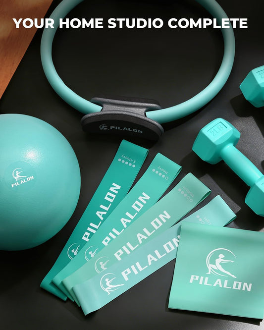 Pilates Ring Set - Studio-Grade Anti-Deformation Pilates Kit - Pilates Equipment for Home Workout - 14'' Pilates Ring, Pilates Ball, 2 Dumbbells, 5 Resistance Bands for Toning Arms, Thighs