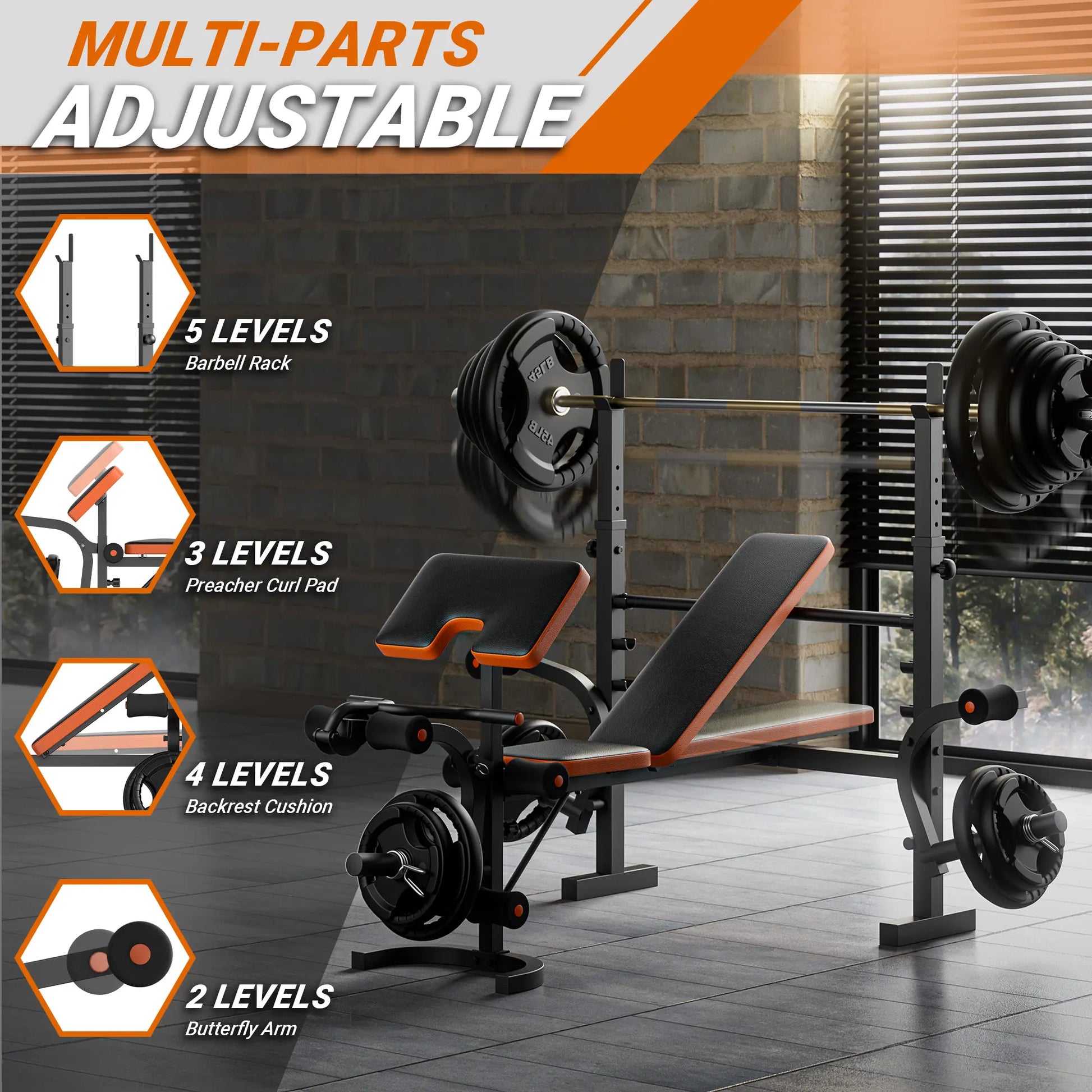 Bearbro 660Lb 6-In-1 Adjustable Weight Bench with Multi-Purpose Workout Bench Set with Barbel Rack and Leg Developer for Home Gym Full Body Function Strength Training，Barbell Rack Can Support up to 990 Pounds