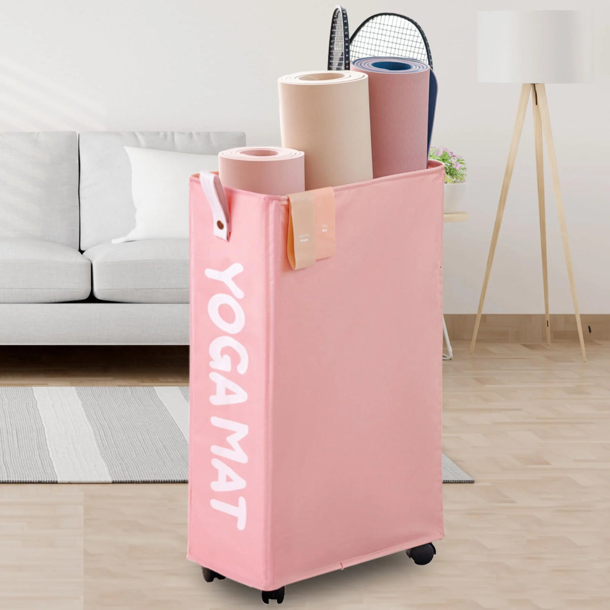 Yoga Mat Storage Rack, 27’’ Large Yoga Mat Holder Accessories, Home Gym Equipment Storage Yoga Mats, Workout Equipment Organization with Wheels, White