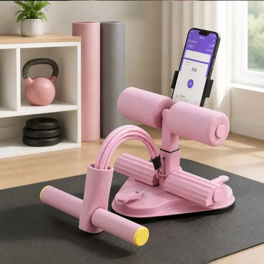 Pink Sit-Up Assistant Trainer with Resistance Bands, Phone Holder, Suction Cup - Home Abs Workout Stomach Equipment, Ab Equipment for Back Extension, Glute Hyperextension Glutes Ab Machine for Home Foam Roller Ab Roller Wheel Glutes Trainer