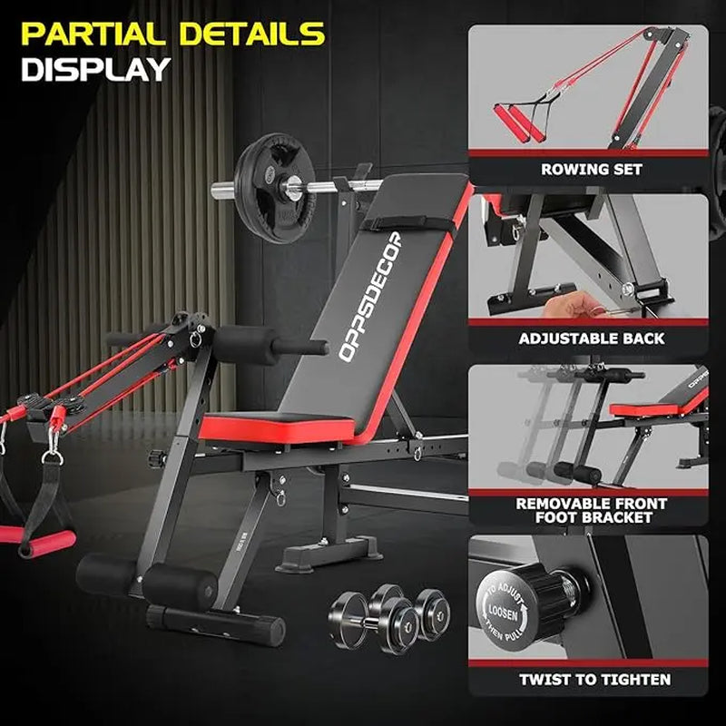 OPPSDECOR Olympic Adjustable Workout Bench - Multifunctional Bench with Lifting Free-Weight Rack, Barbell Pad, Hip Abduction Machine, Vibration Plate - Steel Frame Fitness Equipment, Space Saver for Full Body Home Gym Workouts, Adjustable Workout Benches