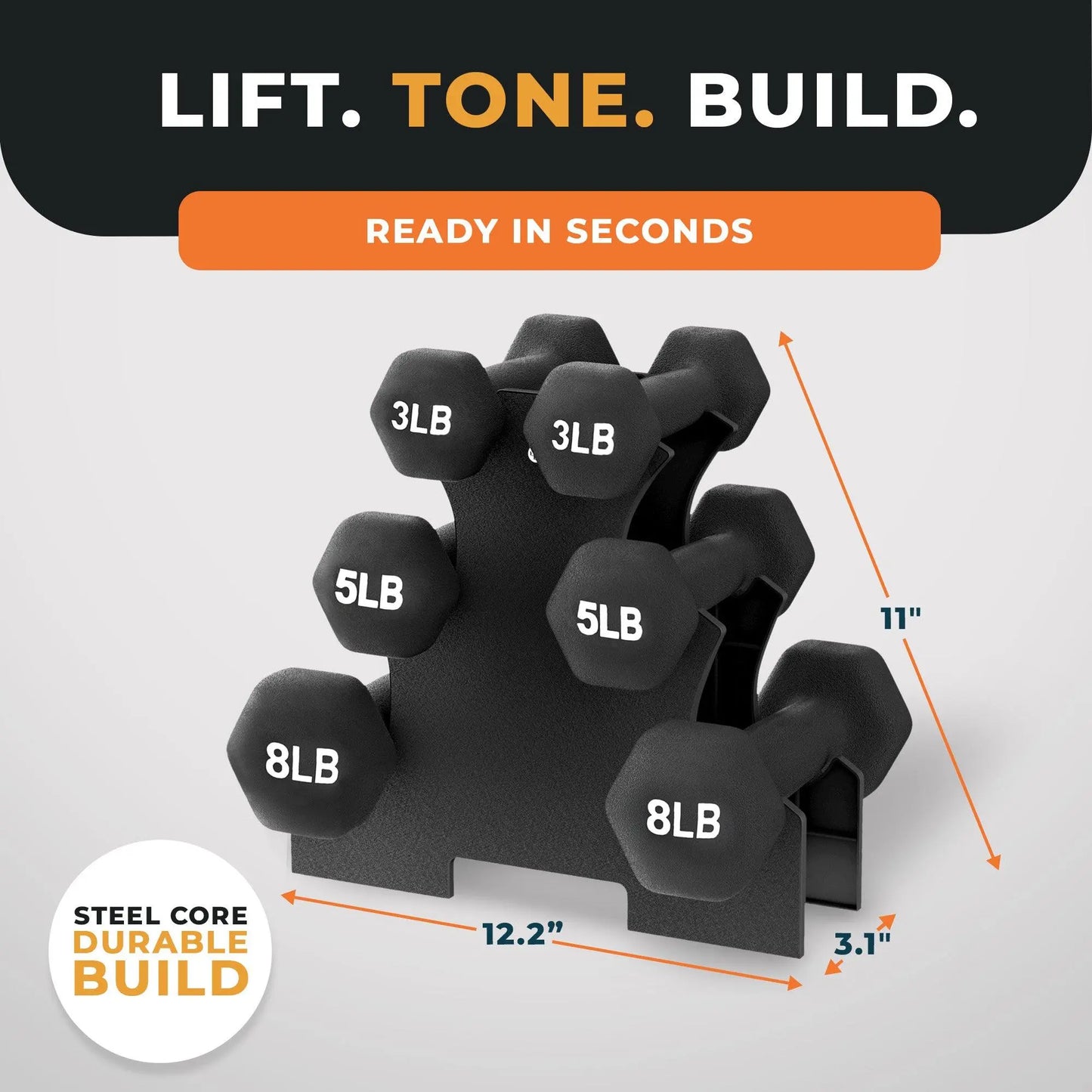 Balancefrom Neoprene Dumbbells, 3 Pair Hand Weights Set with Stand, 32 Lb, Black