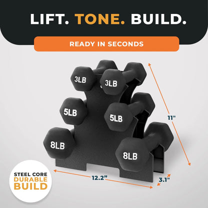 Balancefrom Neoprene Dumbbells, 3 Pair Hand Weights Set with Stand, 32 Lb, Black