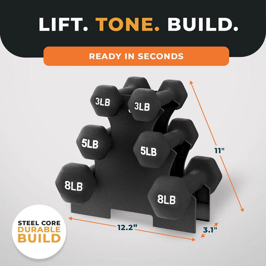 Balancefrom Neoprene Dumbbells, 3 Pair Hand Weights Set with Stand, 32 Lb, Black