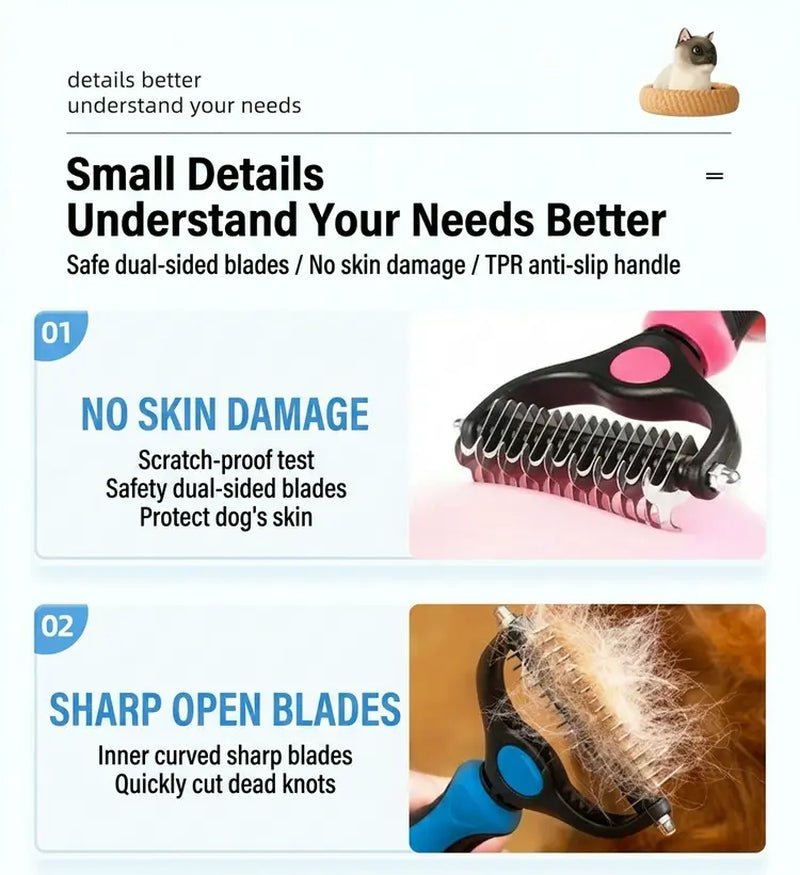 Pain-Free Dematting Undercoat Rake for Long-Haired Dogs & Cats, Dual Shedding Brushes with Double-Sided Design, Deshedding Grooming Tool for Tangles & Fur Removal, Reduces Loose Hair & Mats Easily