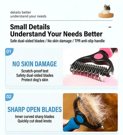 Pain-Free Dematting Undercoat Rake for Long-Haired Dogs & Cats, Dual Shedding Brushes with Double-Sided Design, Deshedding Grooming Tool for Tangles & Fur Removal, Reduces Loose Hair & Mats Easily