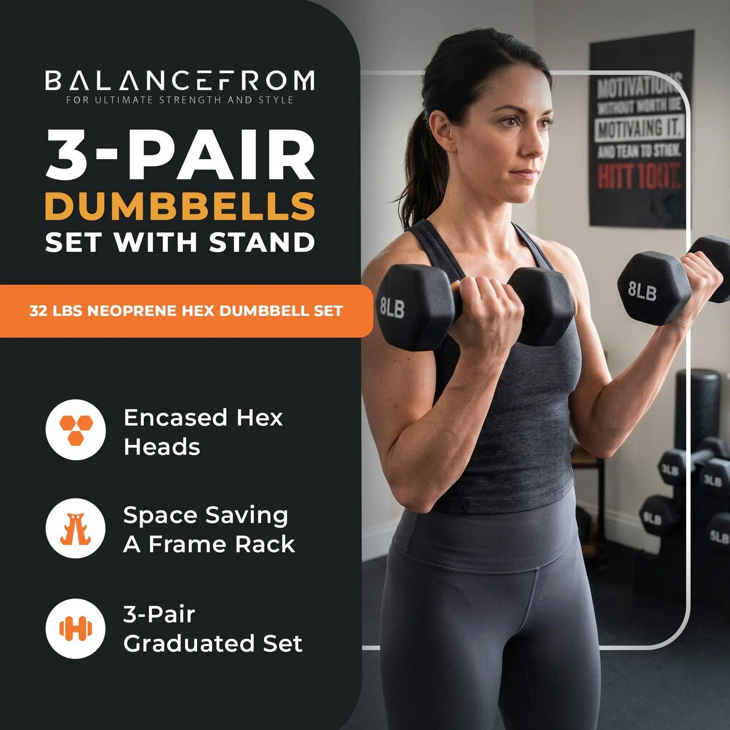 Balancefrom Neoprene Dumbbells, 3 Pair Hand Weights Set with Stand, 32 Lb, Black