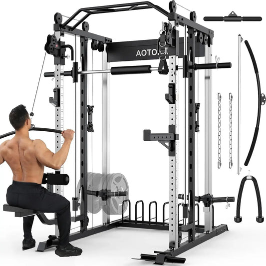 Sturdy Heavy-Duty Steel Smith Machine Power Cage - Adjustable Multifunctional Home Gym Station with LAT Pulldown System, Cable Crossover, Multifunctional Squat Rack, Squat Workout Machine, Strength Training Accessory for Full-Body Training, Workout Equipm
