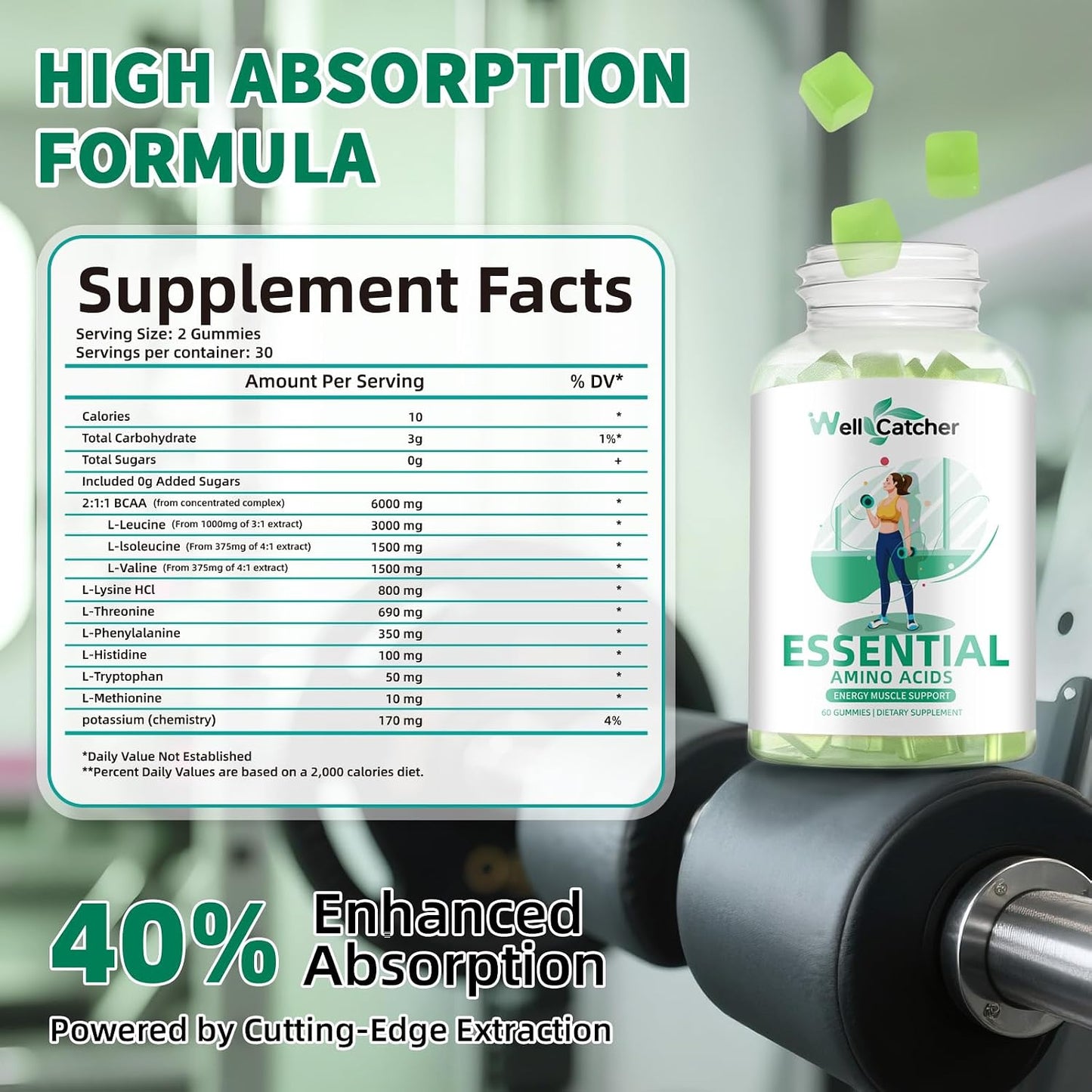 EAA Gummies Essential Amino Acids - All 9 Essential Aminos and All Branched-Chain Aminos (Bcaas) with Muscle Recovery, Energy Support Sugar Free Green Apple Flavor 30 Servings