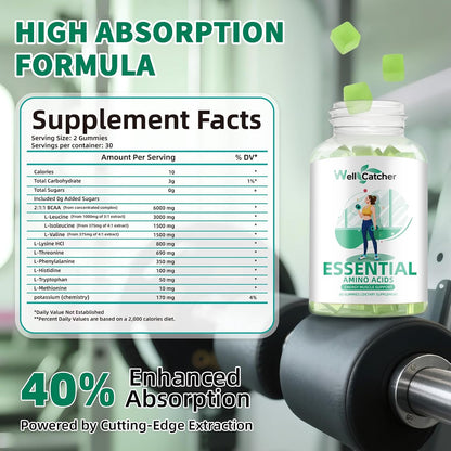 EAA Gummies Essential Amino Acids - All 9 Essential Aminos and All Branched-Chain Aminos (Bcaas) with Muscle Recovery, Energy Support Sugar Free Green Apple Flavor 30 Servings