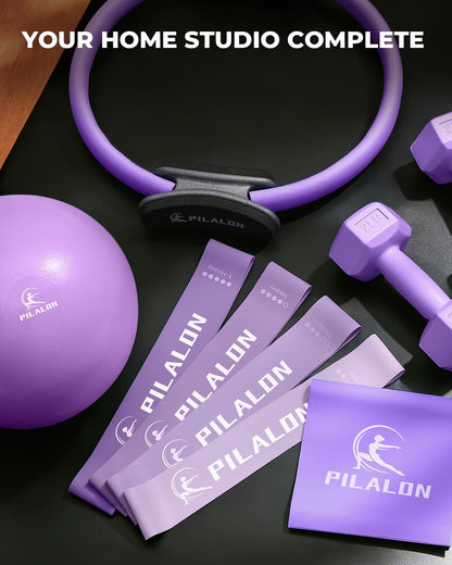 Pilates Ring Set - Studio-Grade Anti-Deformation Pilates Kit - Pilates Equipment for Home Workout - 14'' Pilates Ring, Pilates Ball, 2 Dumbbells, 5 Resistance Bands for Toning Arms, Thighs